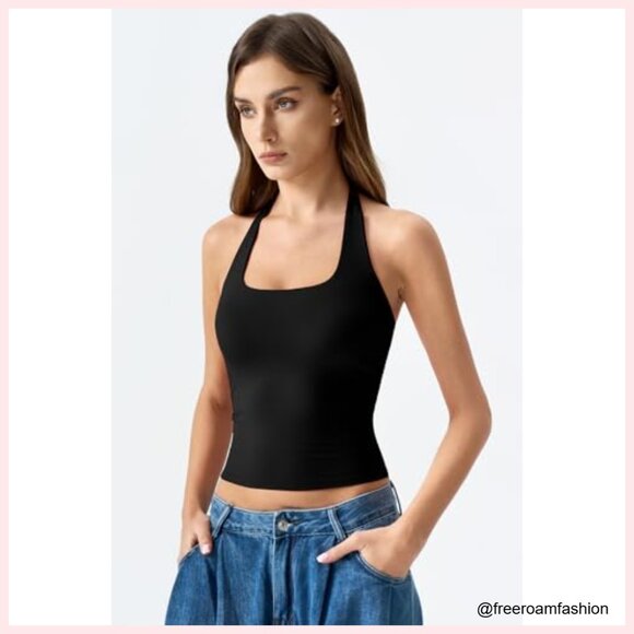 Double Lined Halter Tank Top Sleeveless Open Back Slim Fit Summer - Picture 2 of 7